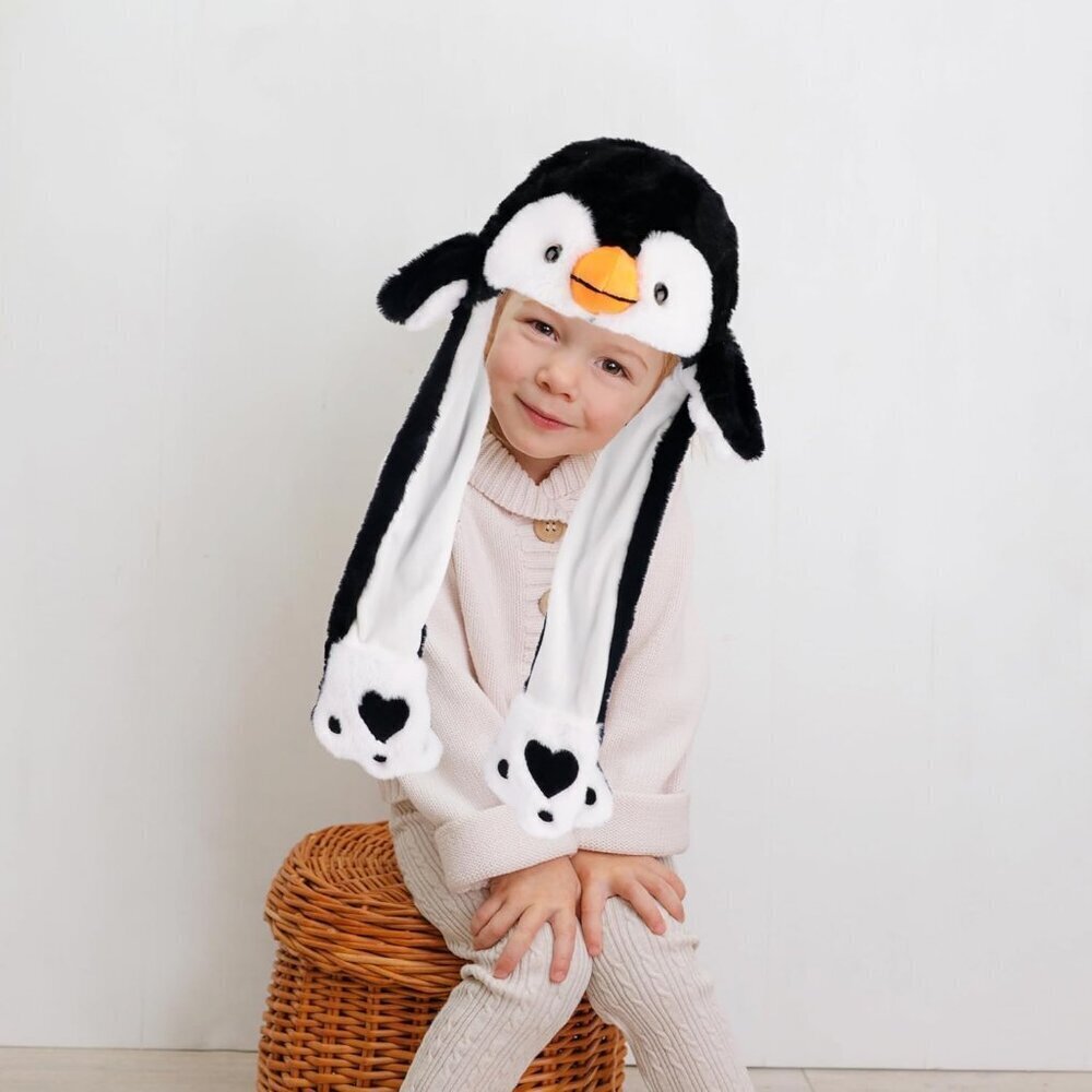 Kids Penguin Animal Hat with Ears Moving Jumping Pop Up Beating Plush Holiday - Picture 4 of 6